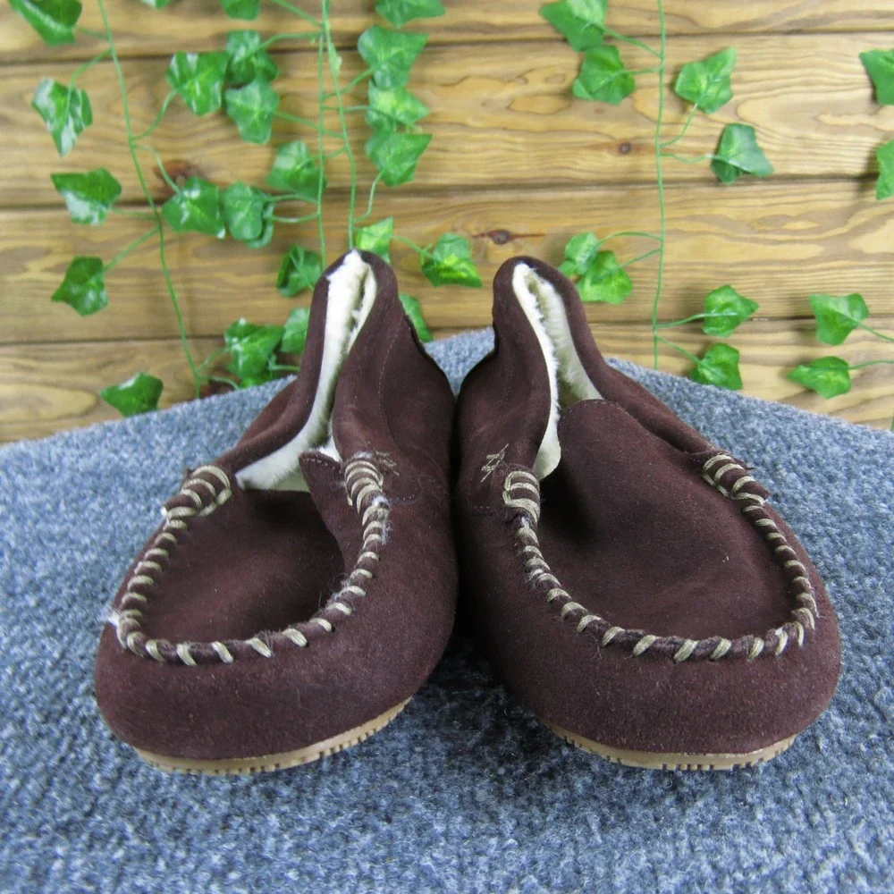 Lands' End Boys 7 Brown Suede Moccasin‎ Slippers Faux Fur Lined Indoor Outdoor